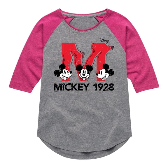 Disney - Mickey & Friends - Large Letter M - Mickey 1928 - Toddler And Youth Girls Raglan Graphic T-Shirt