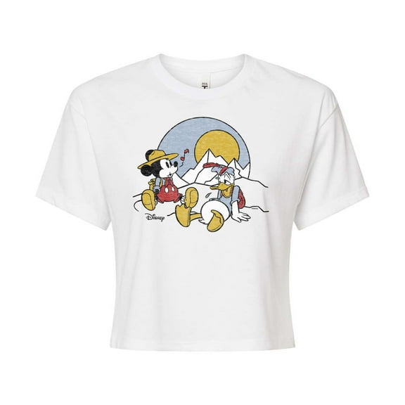 Disney - Mickey & Friends - Mickey & Donald Duck Need Rest from Hiking - Juniors Cropped Cotton Blend T-Shirt