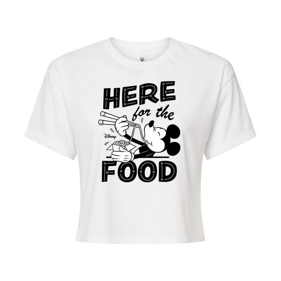 Disney - Mickey & Friends - Mickey Eating Noodles - Here for the Food - Juniors Cropped Cotton Blend T-Shirt