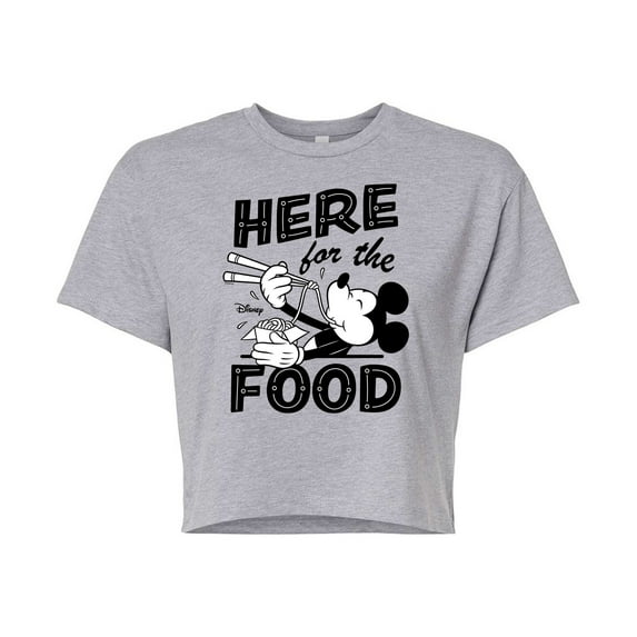 Disney - Mickey & Friends - Mickey Eating Noodles - Here for the Food - Juniors Cropped Cotton Blend T-Shirt