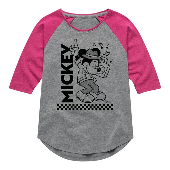 Disney - Mickey & Friends - Mickey Enjoys Music on Boombox - Toddler And Youth Girls Raglan Graphic T-Shirt