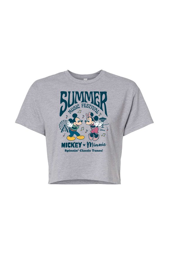 - Mickey & Friends - Mickey & Minnie - Summer Music Festival - Spinnin' Classic Tunes - Juniors Cropped Cotton Blend T-Shirt