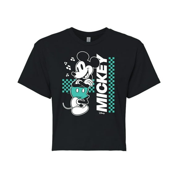 Disney - Mickey & Friends - Mickey Mouse - Checkered Retro Design - Juniors Cropped Cotton Blend T-Shirt
