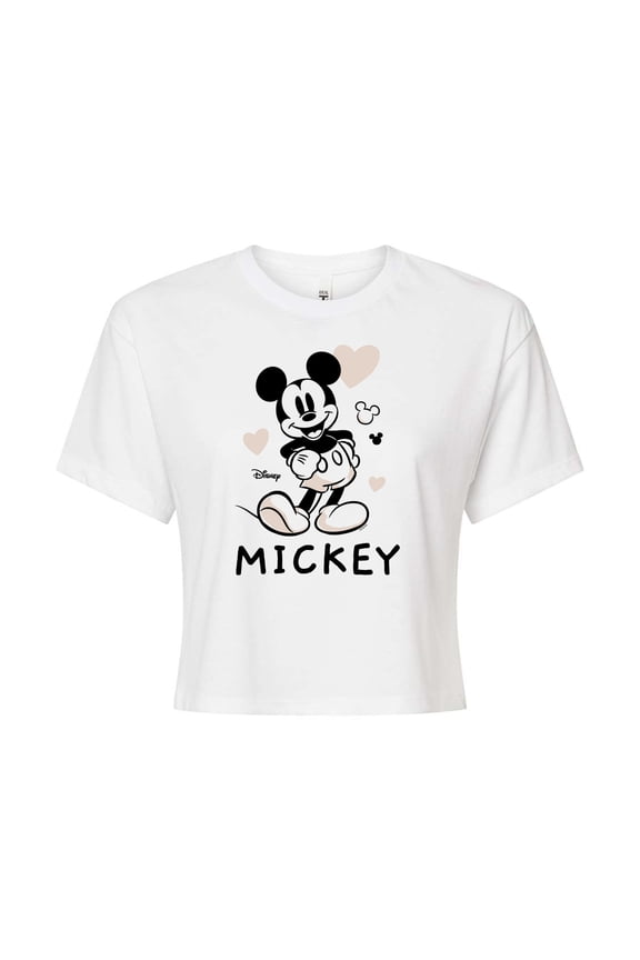 - Mickey & Friends - Mickey Mouse - Hearts & Love - Juniors Cropped Cotton Blend T-Shirt