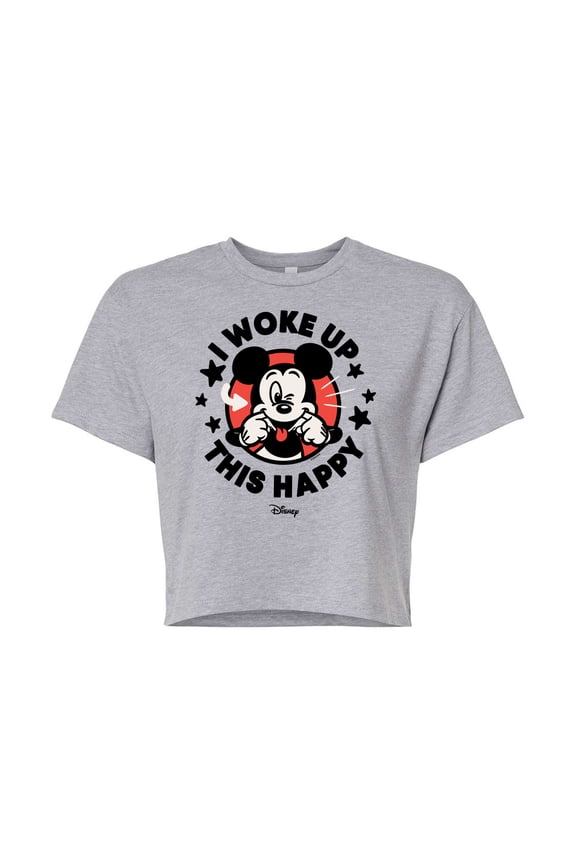 - Mickey & Friends - Mickey Mouse - I Woke Up This Happy - Wink - Juniors Cropped Cotton Blend T-Shirt