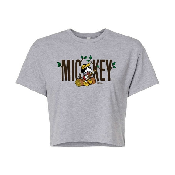 Disney - Mickey & Friends - Mickey Sits on a Log Playing Music - Camping - Juniors Cropped Cotton Blend T-Shirt