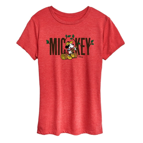 Disney - Mickey & Friends - Mickey Sits on a Log Playing Music - Camping - Women's Short Sleeve Graphic T-Shirt