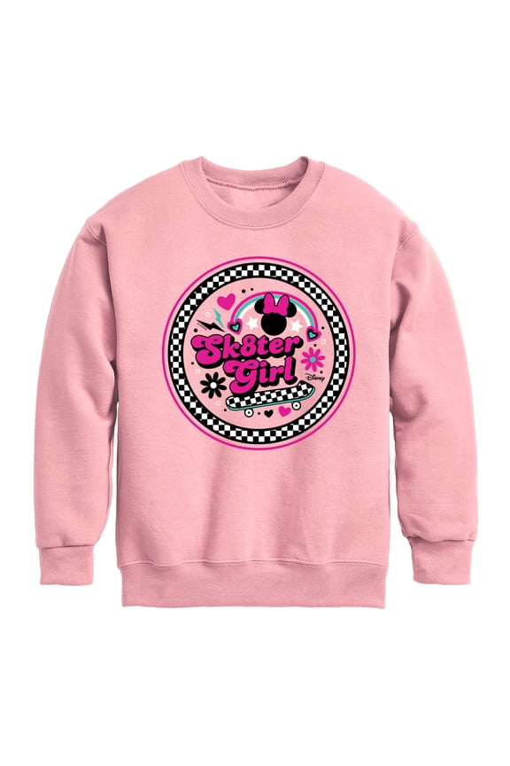 - Mickey & Friends - Skater Girl - Retro Style - Checkered Circle - Toddler And Youth Crewneck Fleece Sweatshirt