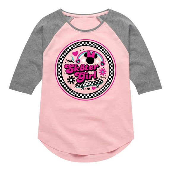 Disney - Mickey & Friends - Skater Girl - Retro Style - Checkered Circle - Toddler And Youth Girls Raglan Graphic T-Shirt