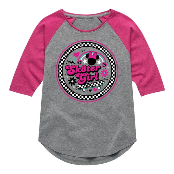 Disney - Mickey & Friends - Skater Girl - Retro Style - Checkered Circle - Toddler And Youth Girls Raglan Graphic T-Shirt