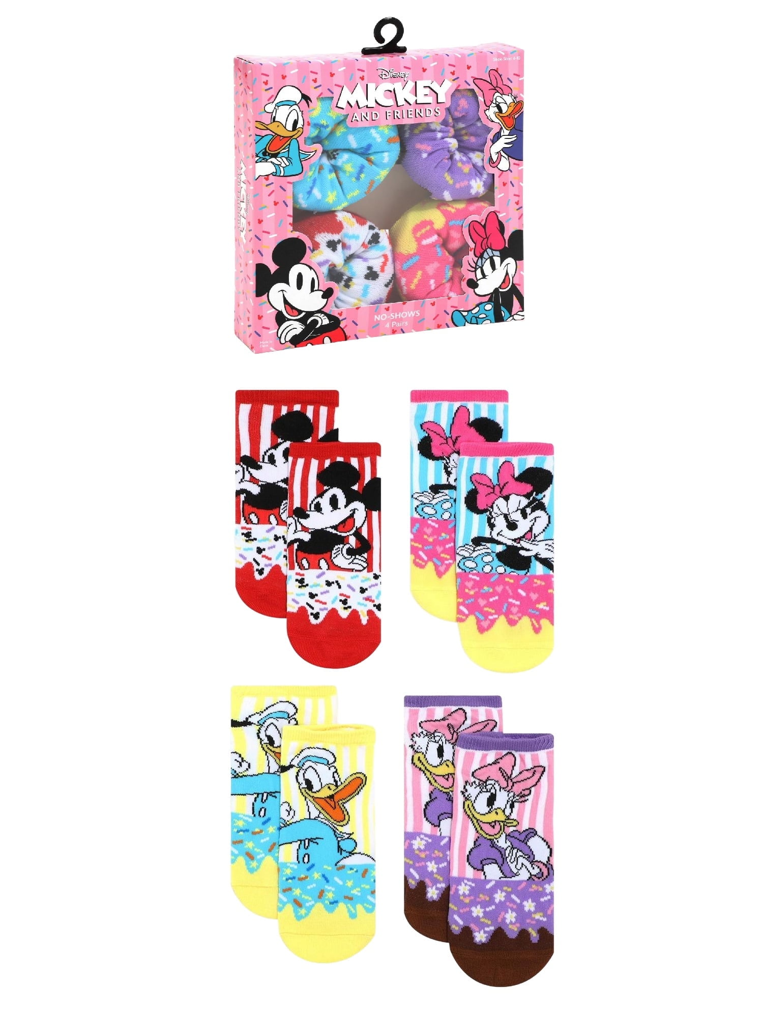 DISNEY Mickey & Friends, Women's No-Shows Socks, Donut Gift Box, 4-Pack, Size 4-10
