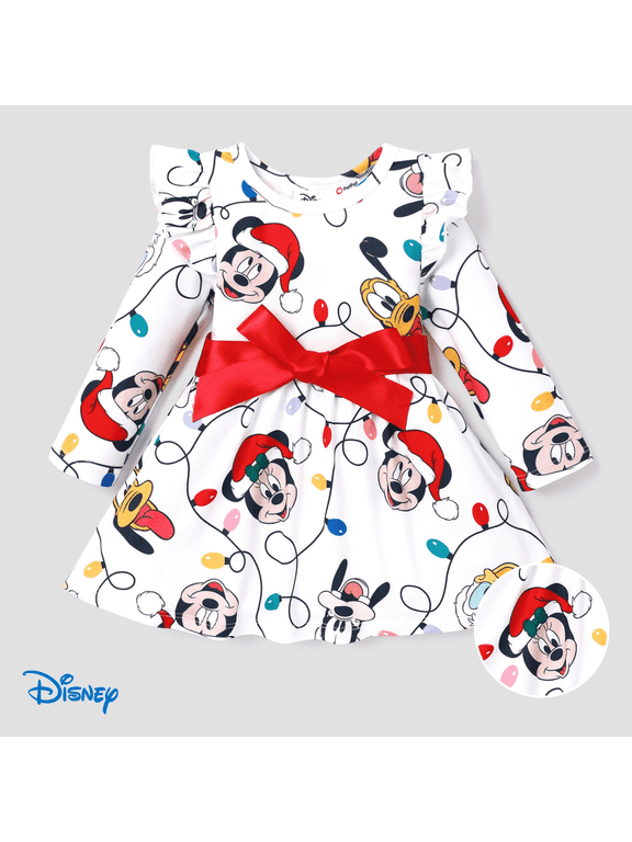 Mickey Girls Christmas Dresses Pluto Goofy Donald Graphic Print Bow Gifts Outfits Sizes 3M-5Y
