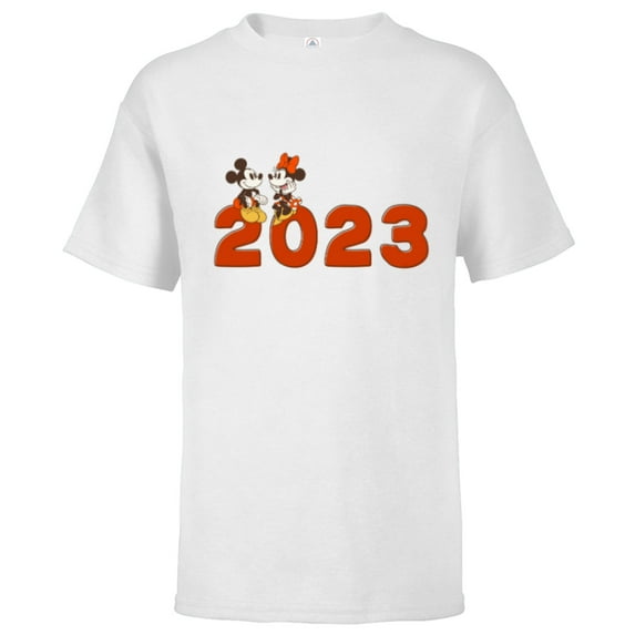 Disney Mickey & Minnie Chat 2023 100th Anniversary New Year - Short Sleeve T-Shirt for Kids - Customized-White