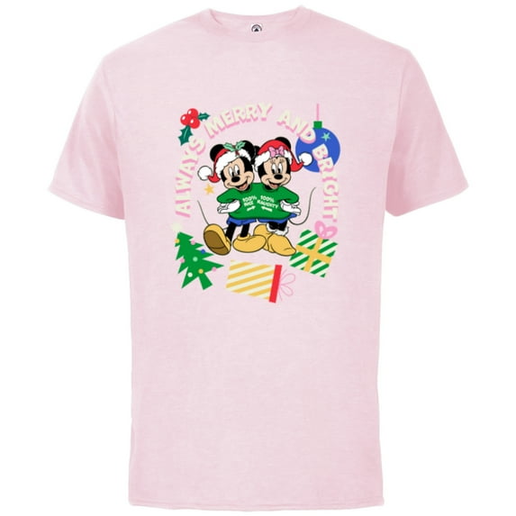 Disney Mickey & Minnie Christmas Always Merry & Bright - Short Sleeve Cotton T-Shirt for Adults - Customized-Soft Pink