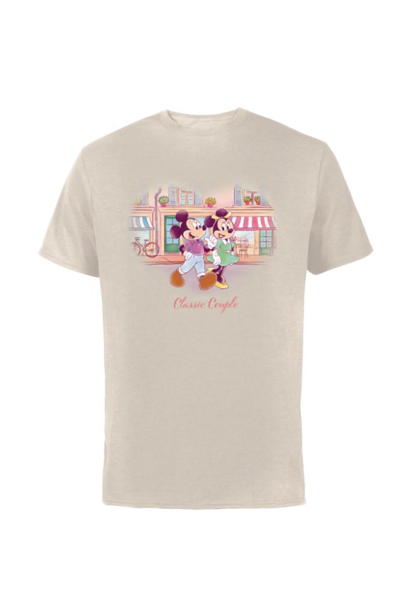 Mickey & Minnie Classic Couple Retro Heart Stroll - Short Sleeve Cotton T-Shirt for Adults - Customized-Natural