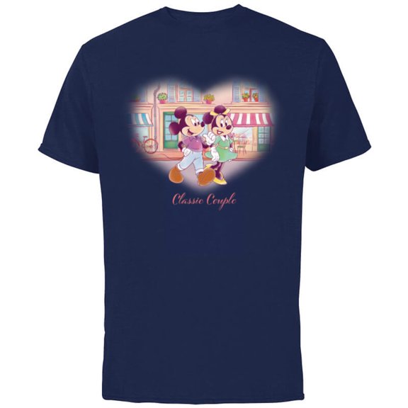 Disney Mickey & Minnie Classic Couple Retro Heart Stroll - Short Sleeve Cotton T-Shirt for Adults - Customized-Navy