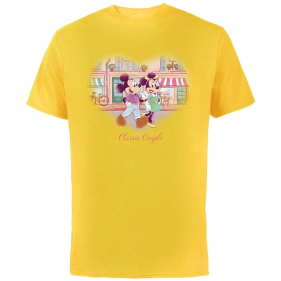 Disney Mickey & Minnie Classic Couple Retro Heart Stroll - Short Sleeve Cotton T-Shirt for Adults - Customized-Yellow