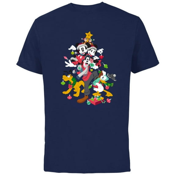 Disney Mickey Minnie Goofy Pluto Chip Dale Christmas Tree - Short Sleeve Cotton T-Shirt for Adults - Customized-Navy