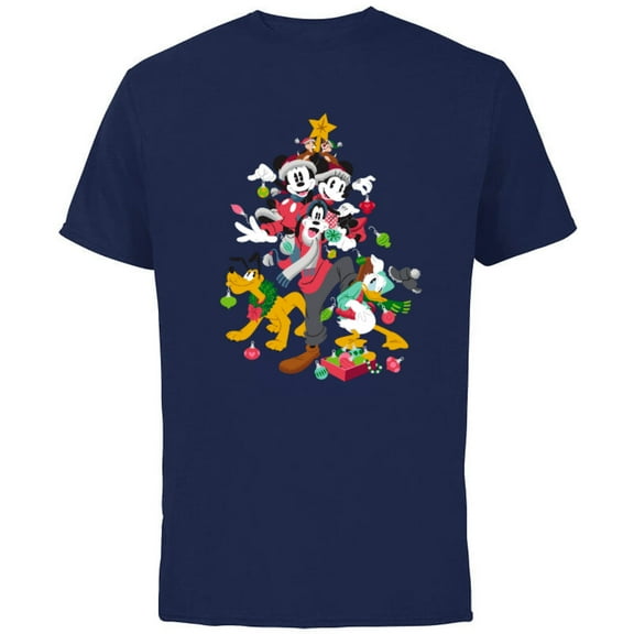 Disney Mickey Minnie Goofy Pluto Chip Dale Christmas Tree - Short Sleeve Cotton T-Shirt for Adults - Customized-Navy