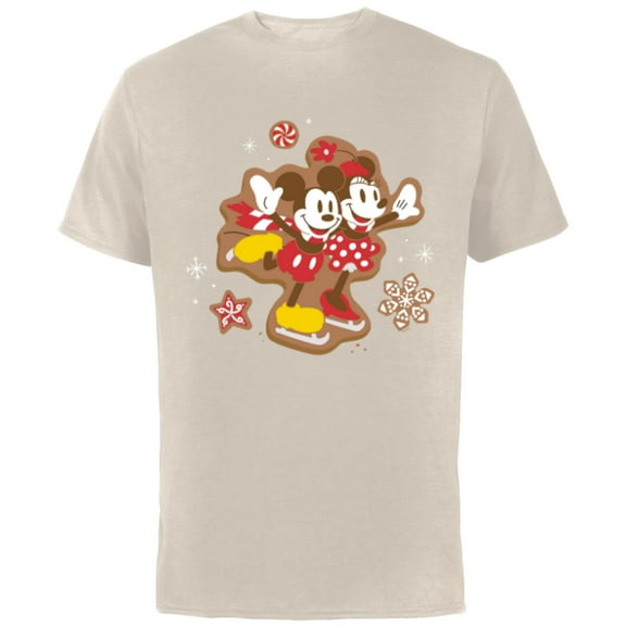 Disney Mickey & Minnie Ice Skating Gingerbread Holiday - Short Sleeve Cotton T-Shirt for Adults - Customized-Natural