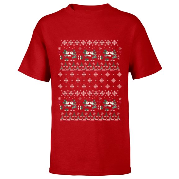 Disney Mickey & Minnie Ice Skating Ugly Christmas Sweater - Short Sleeve T-Shirt for Kids - Customized-Red