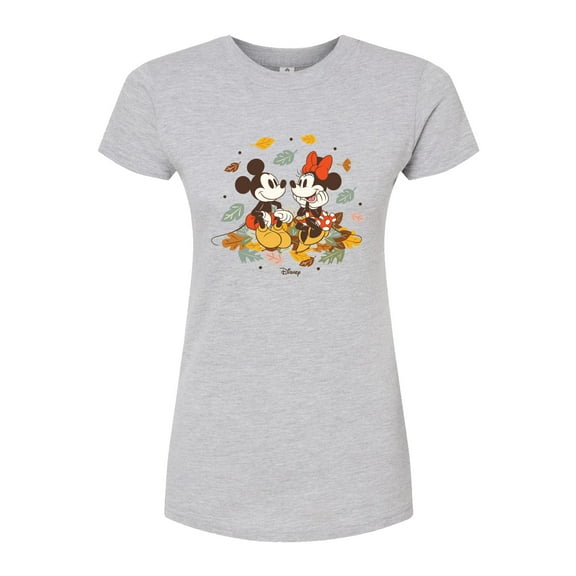 Disney - Mickey Minnie Leaf Pile - Juniors Fitted Graphic T-Shirt