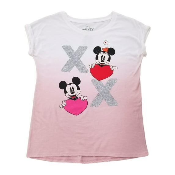 Disney Mickey & Minnie Mouse Girls Pink XOXO Valentines Day Tee T-Shirt