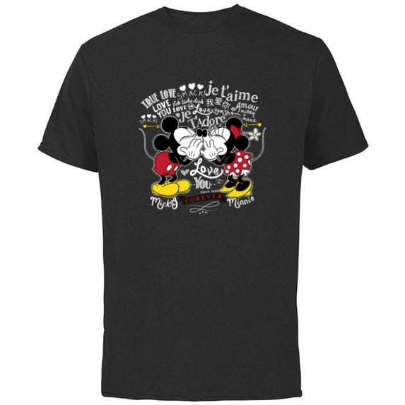 Disney Mickey & Minnie Mouse Love in Any Language Valentine - Short Sleeve Cotton T-Shirt for Adults - Customized-Black