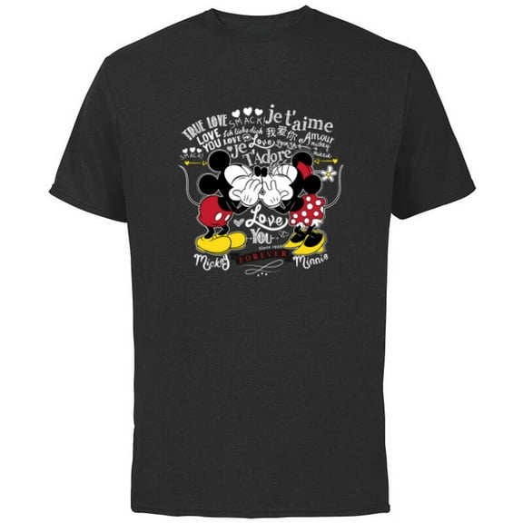 Disney Mickey & Minnie Mouse Love in Any Language Valentine - Short Sleeve Cotton T-Shirt for Adults - Customized-Black