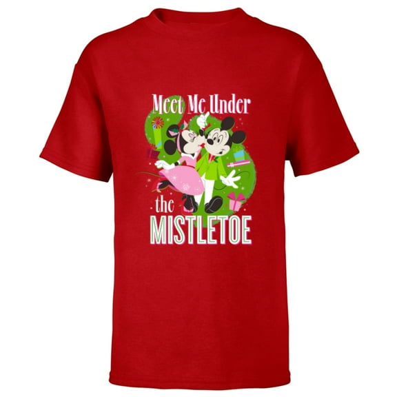 Disney Mickey & Minnie Mouse Meet Me Under The Mistletoe - Short Sleeve T-Shirt for Kids - Customized-Red