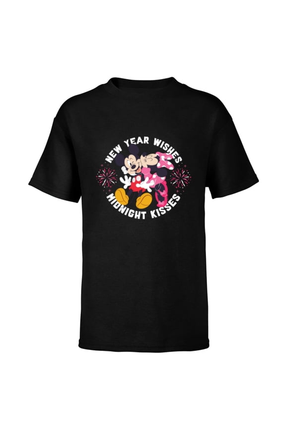 Mickey & Minnie Mouse New Year Wishes Midnight Kisses - Short Sleeve T-Shirt for Kids - Customized-Black