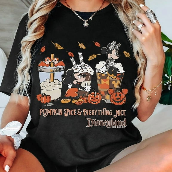 Disney Mickey Minnie Mouse Pumpkin Spice Everything Nice Autumn Leaves Shirt, Disneyland Resort Fall Vibes Tee, Disney Family Halloween Trip,Black Color,Size M