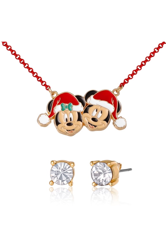 Mickey & Minnie Santa Necklace & Stud Earrings Set, GoldTone