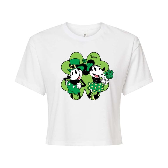 Disney - Mickey & Minnie Shamrock - Juniors Cropped Graphic T-Shirt