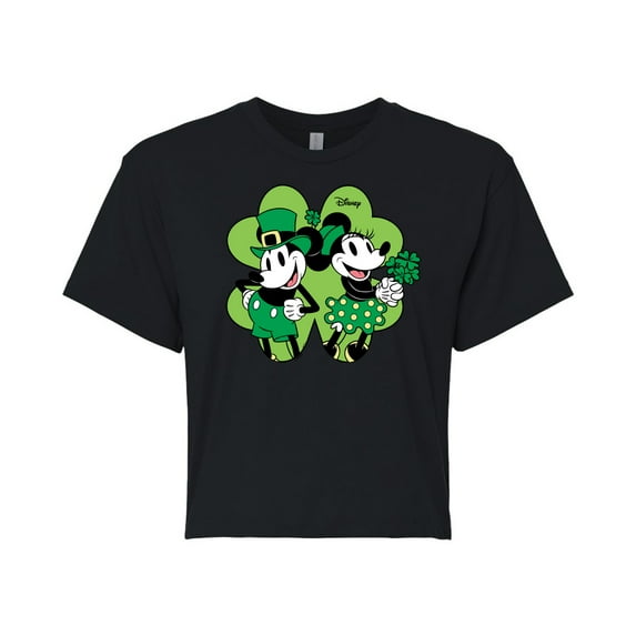 Disney - Mickey Minnie Shamrock - Juniors Cropped Cotton Blend T-Shirt