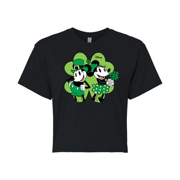 Disney - Mickey Minnie Shamrock - Juniors Cropped Cotton Blend T-Shirt
