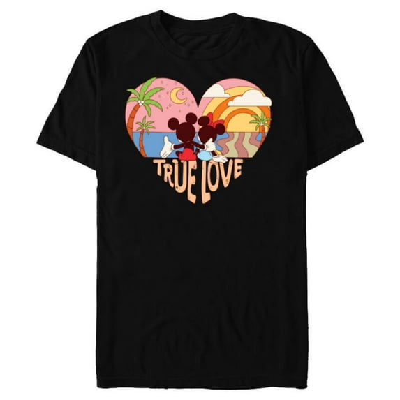 Disney Mickey & Minnie True Love Beach Sunset Heart - Short Sleeve Blended T-Shirt for Adults - Customized-Black
