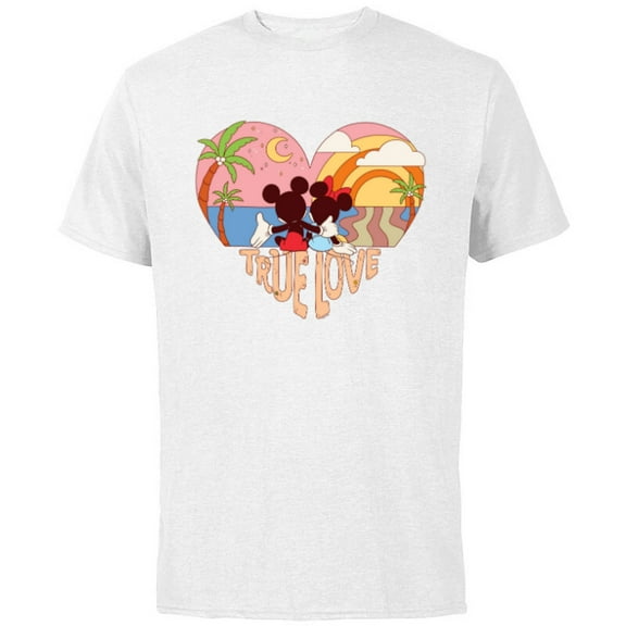 Disney Mickey & Minnie True Love Beach Sunset Heart - Short Sleeve Cotton T-Shirt for Adults - Customized-White