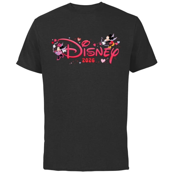 Disney Mickey & Minnie Valentine's Day 2026 Script Logo Trip - Short Sleeve Cotton T-Shirt for Adults - Customized-Black