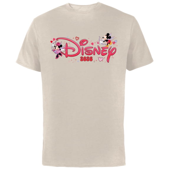 Disney Mickey & Minnie Valentine's Day 2026 Script Logo Trip - Short Sleeve Cotton T-Shirt for Adults - Customized-Natural