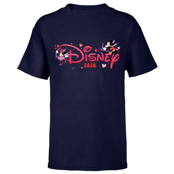 Disney Mickey & Minnie Valentine's Day 2026 Script Logo Trip - Short Sleeve T-Shirt for Kids - Customized-Navy