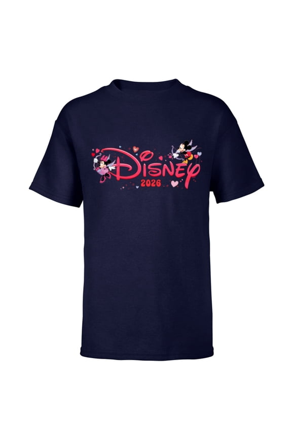 Mickey & Minnie Valentine's Day 2026 Script Logo Trip - Short Sleeve T-Shirt for Kids - Customized-Navy