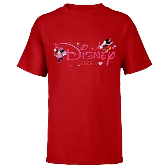 Disney Mickey & Minnie Valentine's Day 2026 Script Logo Trip - Short Sleeve T-Shirt for Kids - Customized-Red