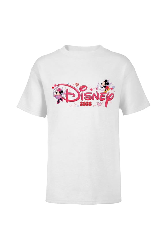 Mickey & Minnie Valentine's Day 2026 Script Logo Trip - Short Sleeve T-Shirt for Kids - Customized-White