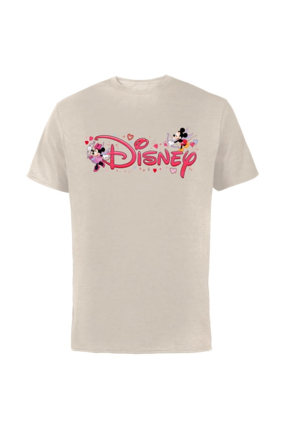 Mickey & Minnie Valentine's Day Script Logo Trip - Short Sleeve Cotton T-Shirt for Adults - Customized-Natural