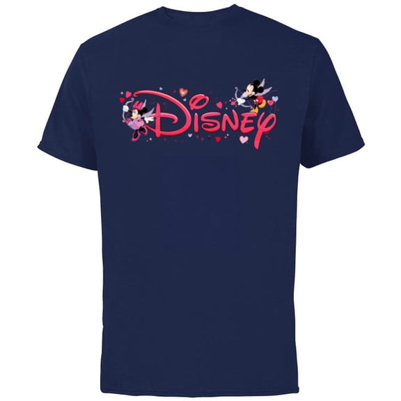 Disney Mickey & Minnie Valentine's Day Script Logo Trip - Short Sleeve Cotton T-Shirt for Adults - Customized-Navy