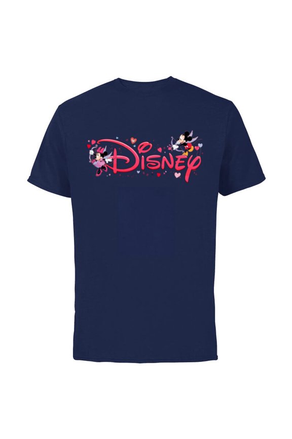 Mickey & Minnie Valentine's Day Script Logo Trip - Short Sleeve Cotton T-Shirt for Adults - Customized-Navy