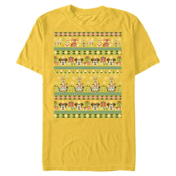 Disney Mickey & Minnie Winter Scene Ugly Christmas Sweater - Short Sleeve Blended T-Shirt for Adults - Customized-Yellow