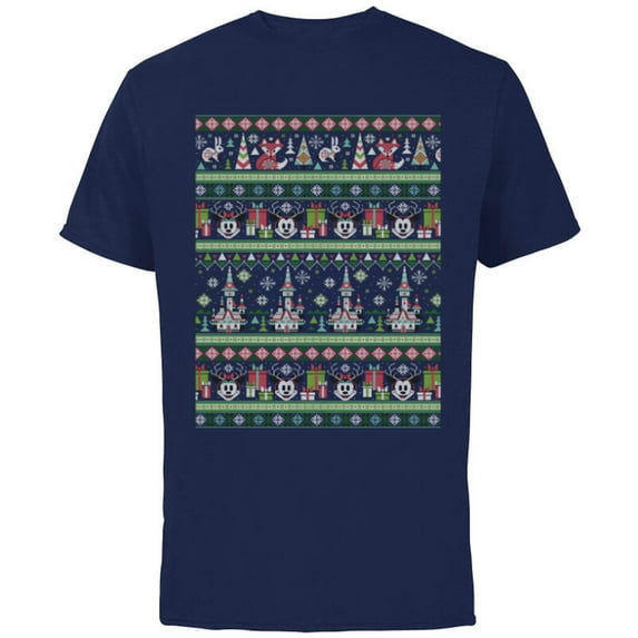 Disney Mickey & Minnie Winter Scene Ugly Christmas Sweater - Short Sleeve Cotton T-Shirt for Adults - Customized-Navy