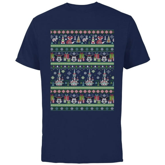 Disney Mickey & Minnie Winter Scene Ugly Christmas Sweater - Short Sleeve Cotton T-Shirt for Adults - Customized-Navy